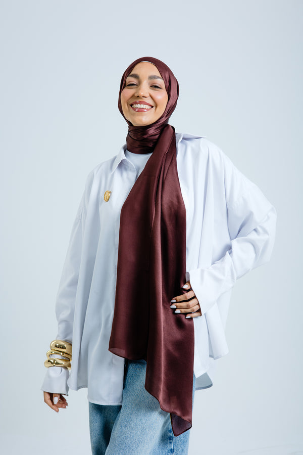 Worood Chocolate Silk Scarf Rectangle – dark brown silk scarf with soft sheen - وشاح حريري Chocolate Silk Scarf  مستطيل  من ورود الشوكولاتة - وشاح حريري بني غامق مع لمعان ناعم 