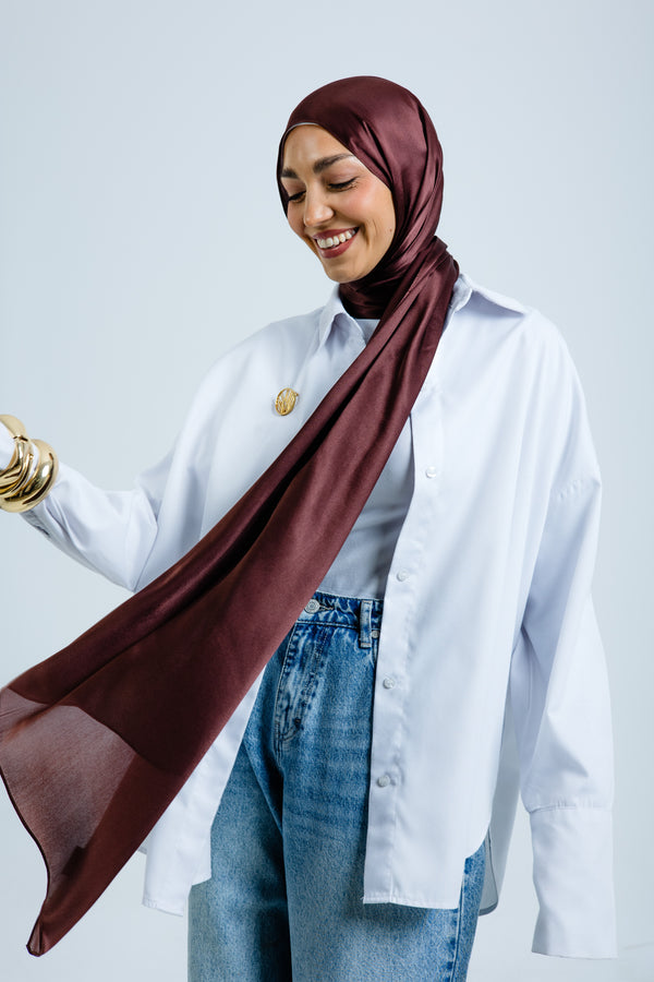 Worood Chocolate Silk Scarf Rectangle – dark brown silk scarf with soft sheen - وشاح حريري Chocolate Silk Scarf  مستطيل  من ورود الشوكولاتة - وشاح حريري بني غامق مع لمعان ناعم 
