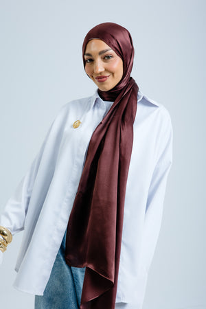 Worood Chocolate Silk Scarf Rectangle – dark brown silk scarf with soft sheen - وشاح حريري Chocolate Silk Scarf  مستطيل  من ورود الشوكولاتة - وشاح حريري بني غامق مع لمعان ناعم 