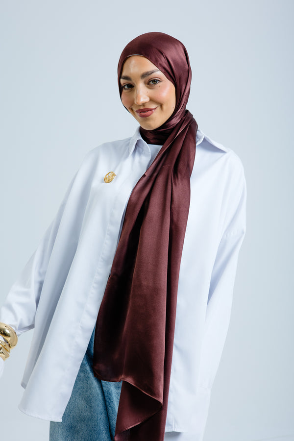 Worood Chocolate Silk Scarf Rectangle – dark brown silk scarf with soft sheen - وشاح حريري Chocolate Silk Scarf  مستطيل  من ورود الشوكولاتة - وشاح حريري بني غامق مع لمعان ناعم 