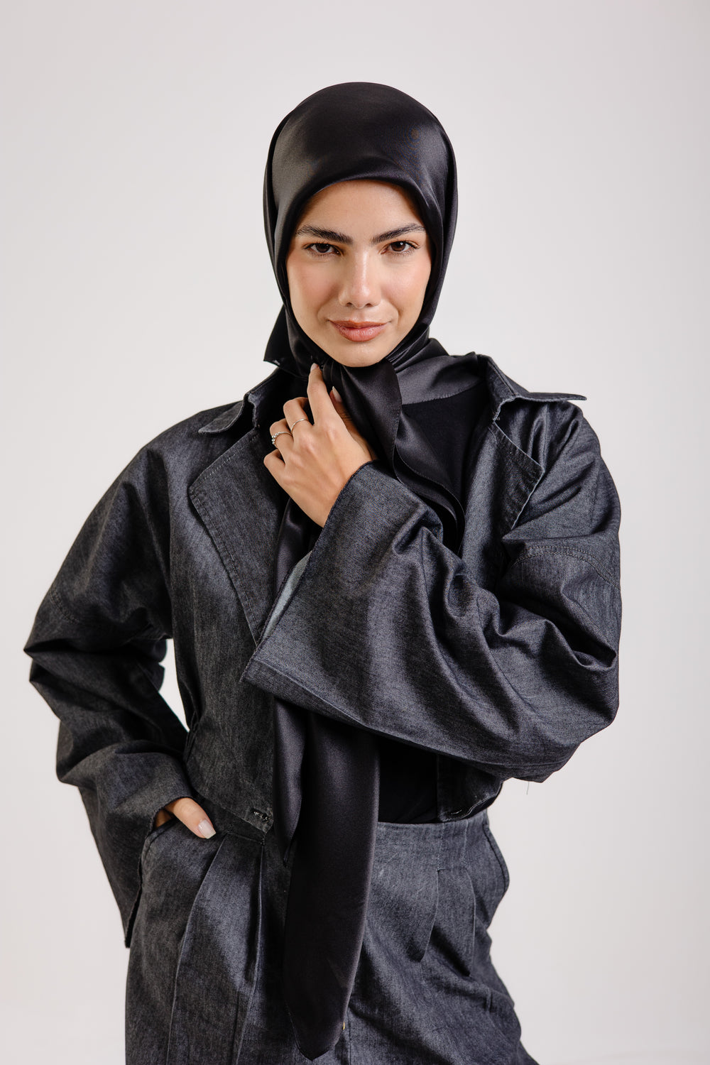 Worood Dark Black Silk Scarf Square – solid black silk scarf with smooth, luxurious texture - وشاح حريري Dark Black Silk Scarf  أسود داكن مربع من ورود – وشاح حريري أسود سادة بملمس ناعم وفاخر