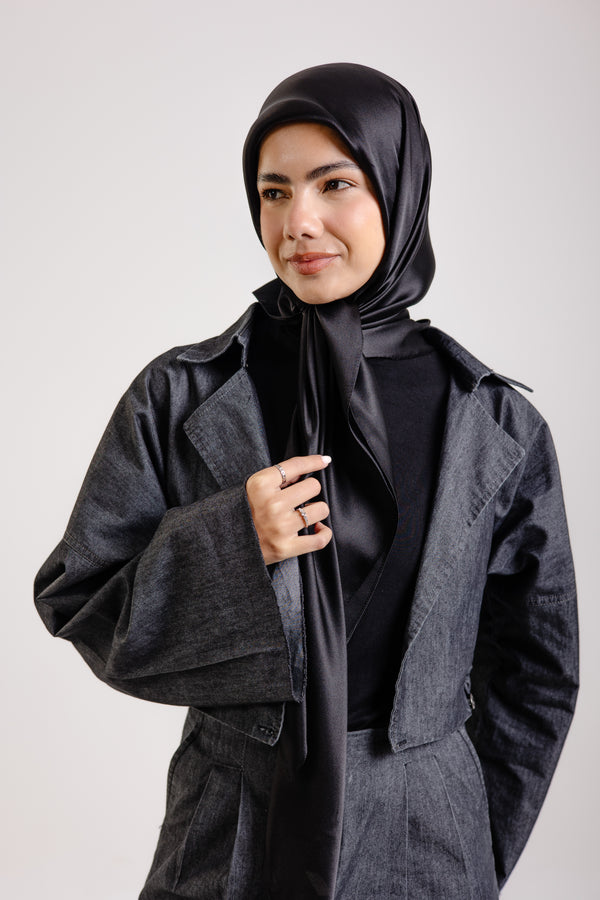 Worood Dark Black Silk Scarf Square – solid black silk scarf with smooth, luxurious texture - وشاح حريري Dark Black Silk Scarf  أسود داكن مربع من ورود – وشاح حريري أسود سادة بملمس ناعم وفاخر