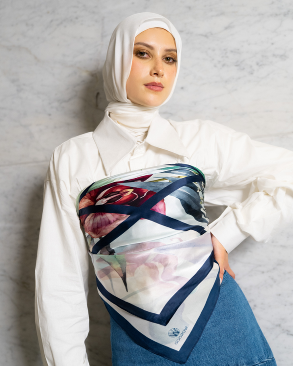 Worood Elysian Silk Scarf Square – elegant pastel silk scarf with a soft, airy drape وشاح حريري Elysian Silk Scarf  مربع من ورود إليسيان - وشاح حريري أنيق بلون الباستيل مع ثنيات ناعمة وجيدة التهوية