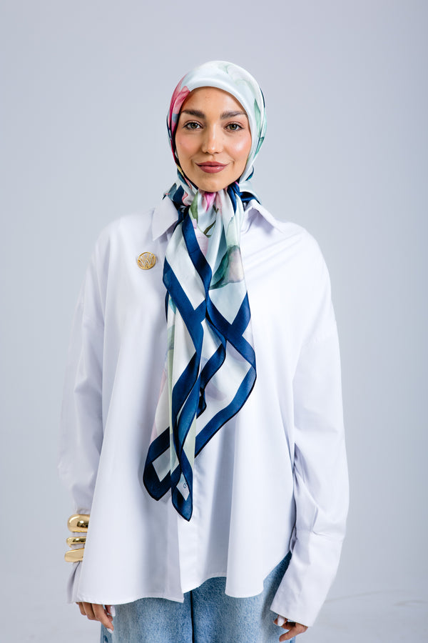 Worood Elysian Silk Scarf Square – elegant pastel silk scarf with a soft, airy drape وشاح حريري Elysian Silk Scarf  مربع من ورود إليسيان - وشاح حريري أنيق بلون الباستيل مع ثنيات ناعمة وجيدة التهوية
