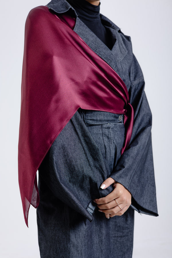 Maroon square silk scarf with rich burgundy mulberry silk drape by WOROOD
