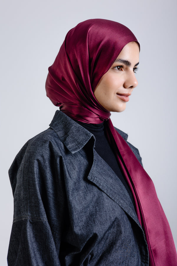 Worood Maroon Silk Scarf Rectangle – deep maroon silk scarf with subtle shine -  وشاح حريري Maroon Silk Scarf مستطيل من ورود مارون - وشاح حريري غامق اللون مع لمعان خفيف 
