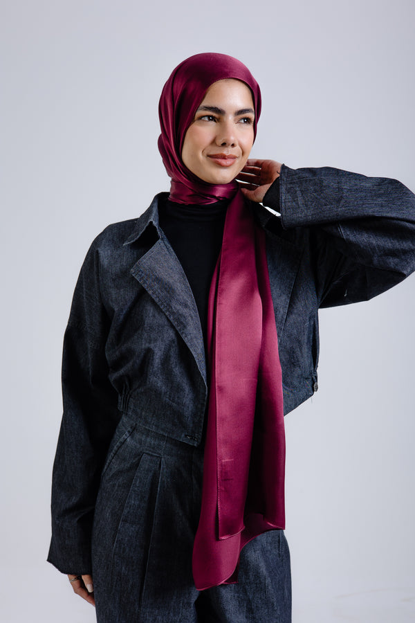 Worood Maroon Silk Scarf Rectangle – deep maroon silk scarf with subtle shine -  وشاح حريري Maroon Silk Scarf مستطيل من ورود مارون - وشاح حريري غامق اللون مع لمعان خفيف 
