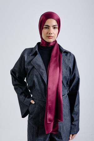 Worood Maroon Silk Scarf Rectangle – deep maroon silk scarf with subtle shine -  وشاح حريري Maroon Silk Scarf مستطيل من ورود مارون - وشاح حريري غامق اللون مع لمعان خفيف 
