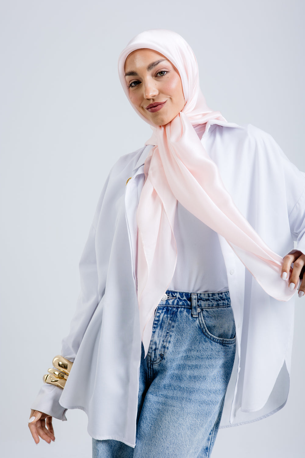 Worood Powder Silk Scarf Rectangle – pastel powder pink silk scarf with smooth matte sheen - وشاح حريري Powder Silk Scarf  مستطيل من ورود بودرة - وشاح حريري وردي بودرة بلون الباستيل مع لمعان ناعم غير لامع