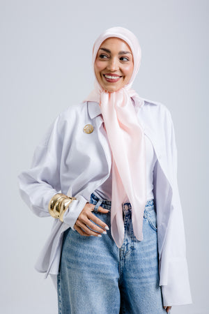 Worood Powder Silk Scarf Rectangle – pastel powder pink silk scarf with smooth matte sheen - وشاح حريري Powder Silk Scarf  مستطيل من ورود بودرة - وشاح حريري وردي بودرة بلون الباستيل مع لمعان ناعم غير لامع