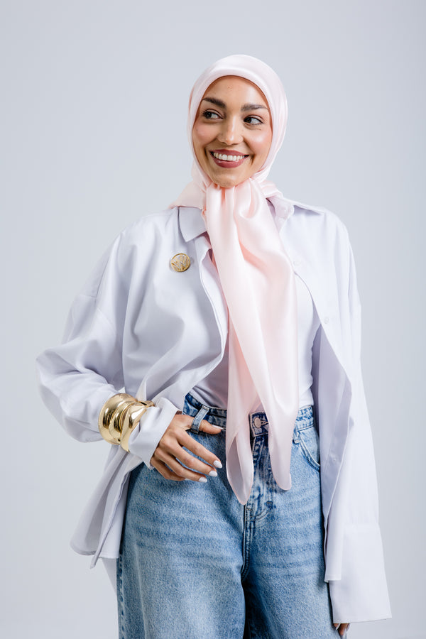 Worood Powder Silk Scarf Rectangle – pastel powder pink silk scarf with smooth matte sheen - وشاح حريري Powder Silk Scarf  مستطيل من ورود بودرة - وشاح حريري وردي بودرة بلون الباستيل مع لمعان ناعم غير لامع