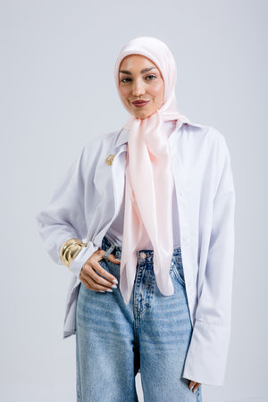 Worood Powder Silk Scarf Rectangle – pastel powder pink silk scarf with smooth matte sheen - وشاح حريري Powder Silk Scarf  مستطيل من ورود بودرة - وشاح حريري وردي بودرة بلون الباستيل مع لمعان ناعم غير لامع