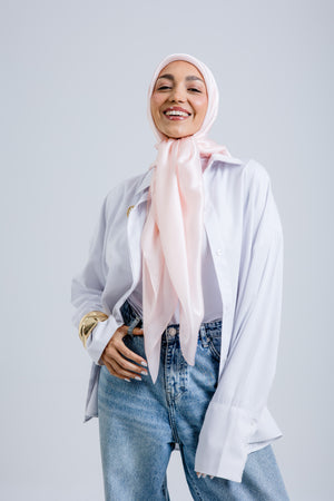 Worood Powder Silk Scarf Rectangle – pastel powder pink silk scarf with smooth matte sheen - وشاح حريري Powder Silk Scarf  مستطيل من ورود بودرة - وشاح حريري وردي بودرة بلون الباستيل مع لمعان ناعم غير لامع