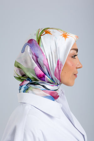 Worood Silken Flora Silk Scarf Square – floral silk scarf with soft pastel flower prints - وشاح حريري مربع من Worood Silken Flora – وشاح حريري مزهر بطبعات زهور باستيل ناعمة

