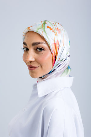 Worood Silken Flora Silk Scarf Square – floral silk scarf with soft pastel flower prints - وشاح حريري مربع من Worood Silken Flora – وشاح حريري مزهر بطبعات زهور باستيل ناعمة