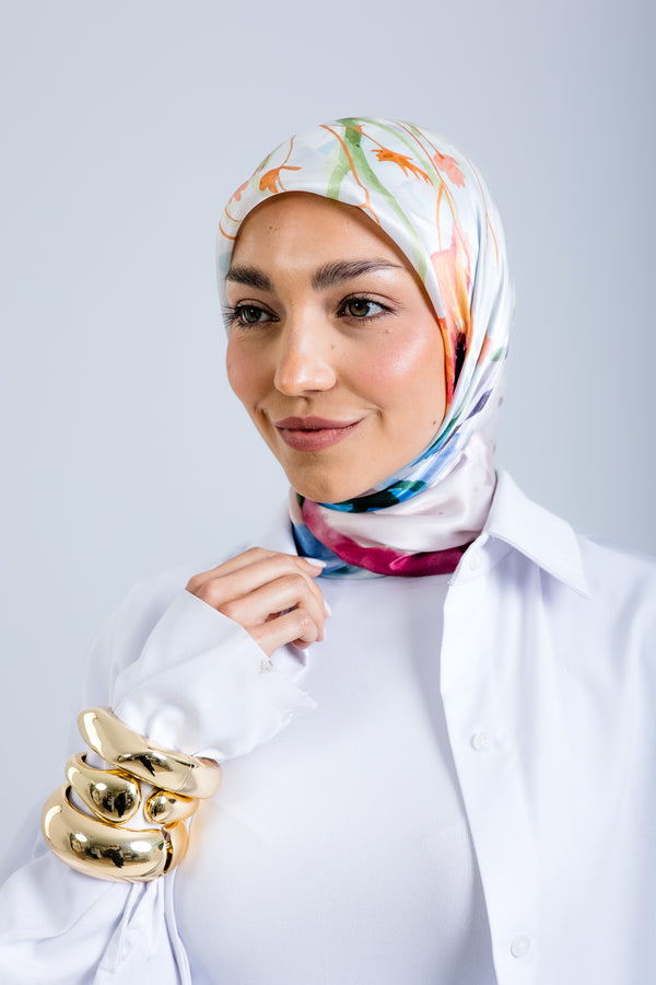 Worood Silken Flora Silk Scarf Square – floral silk scarf with soft pastel flower prints - وشاح حريري مربع من Worood Silken Flora – وشاح حريري مزهر بطبعات زهور باستيل ناعمة