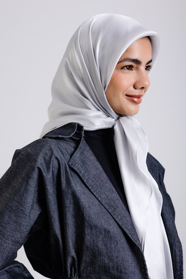 Worood Silver Silk Scarf Square – silver silk scarf with light reflective sheen - وشاح حرير Silver Silk Scarf  فضي مربع من ورود – وشاح حرير فضي مع لمعان عاكس للضوء 