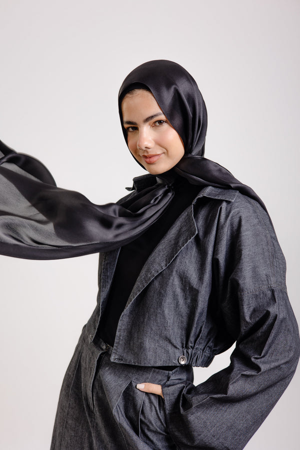 Dark Black Premium Silk ScarfPlain Silk