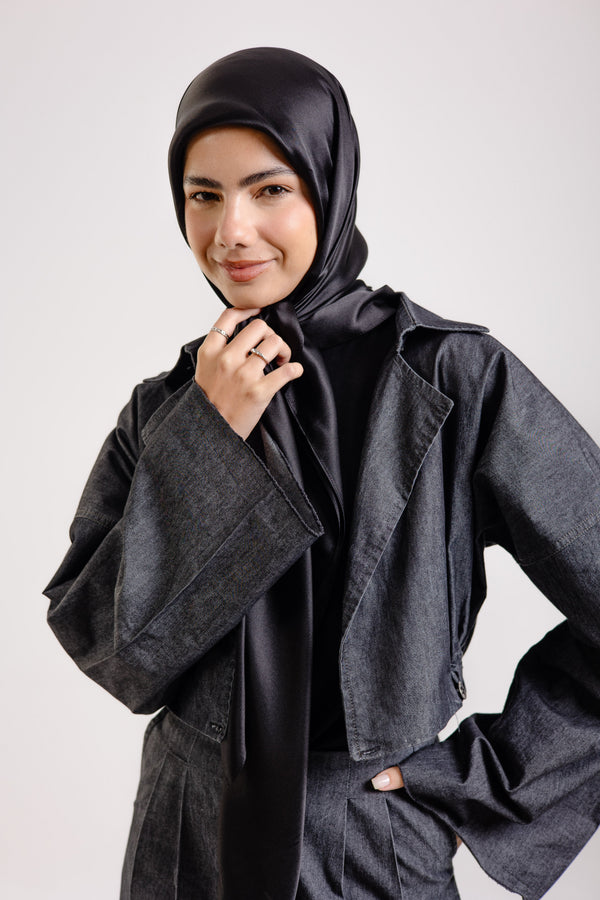 Dark Black Square Silk ScarfPlain Silk