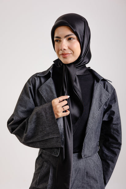 Dark Black Square Silk ScarfPlain Silk