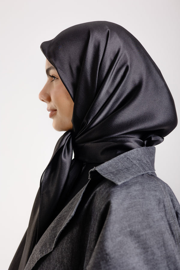 Dark Black Square Silk ScarfPlain Silk