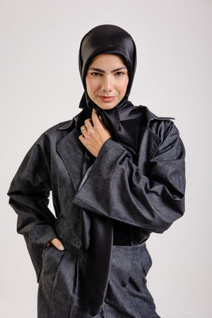 Dark Black Square Silk ScarfPlain Silk