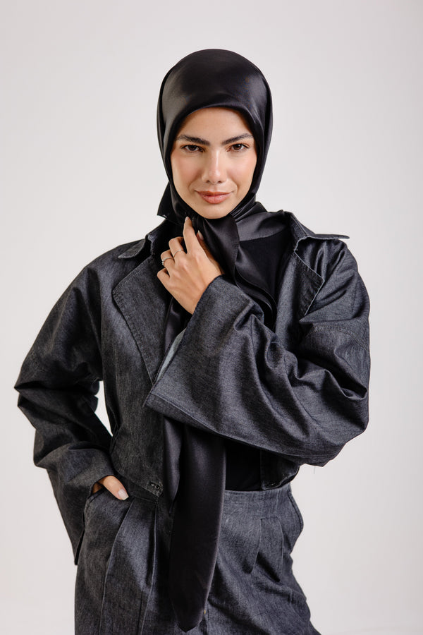 Dark Black Square Silk ScarfPlain Silk
