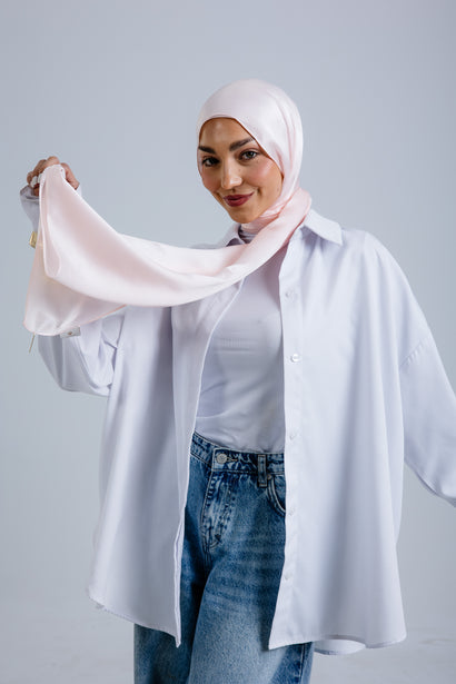 Worood Powder Silk Scarf Rectangle – pastel powder pink silk scarf with smooth matte sheen - وشاح حريري Powder Silk Scarf  مستطيل من ورود بودرة - وشاح حريري وردي بودرة بلون الباستيل مع لمعان ناعم غير لامع