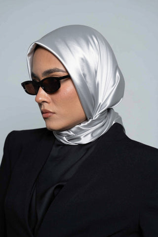 Silver Silk Square Scarf by WOROOD