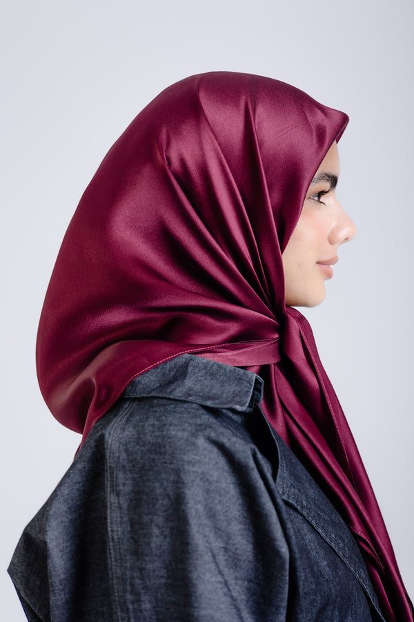 Worood Maroon Silk Scarf Rectangle – deep maroon silk scarf with subtle shine -  وشاح حريري Maroon Silk Scarf مربع من WOROOD مارون - وشاح حريري غامق اللون مع لمعان خفيف